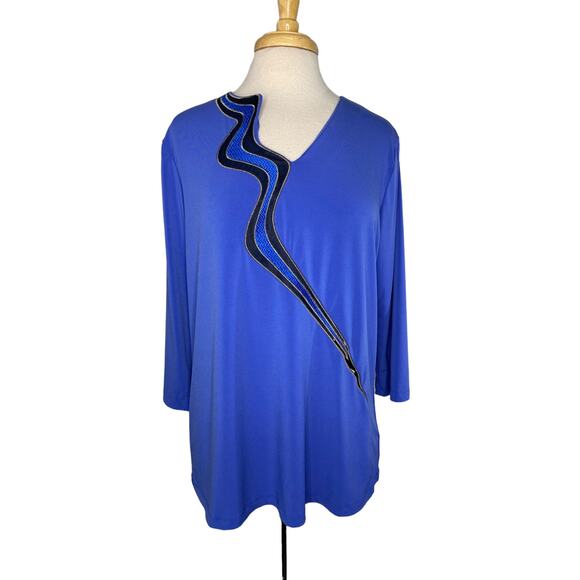 BOB MACKIE Blue Gold Riverway Design 3/4 Sleeve Jersey V-neck Top Size Large - Picture 1 of 10
